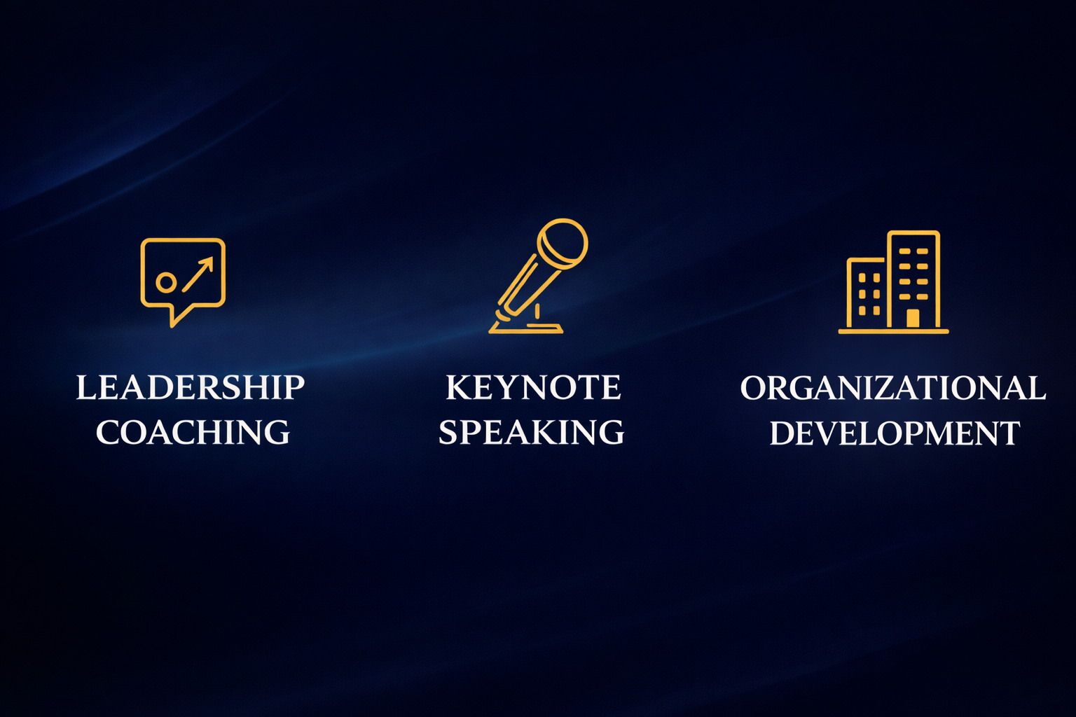 Website hero banner displaying three professional services: Leadership Coaching, Keynote Speaking, and Organizational Development, shown with gold icons on a dark blue background.